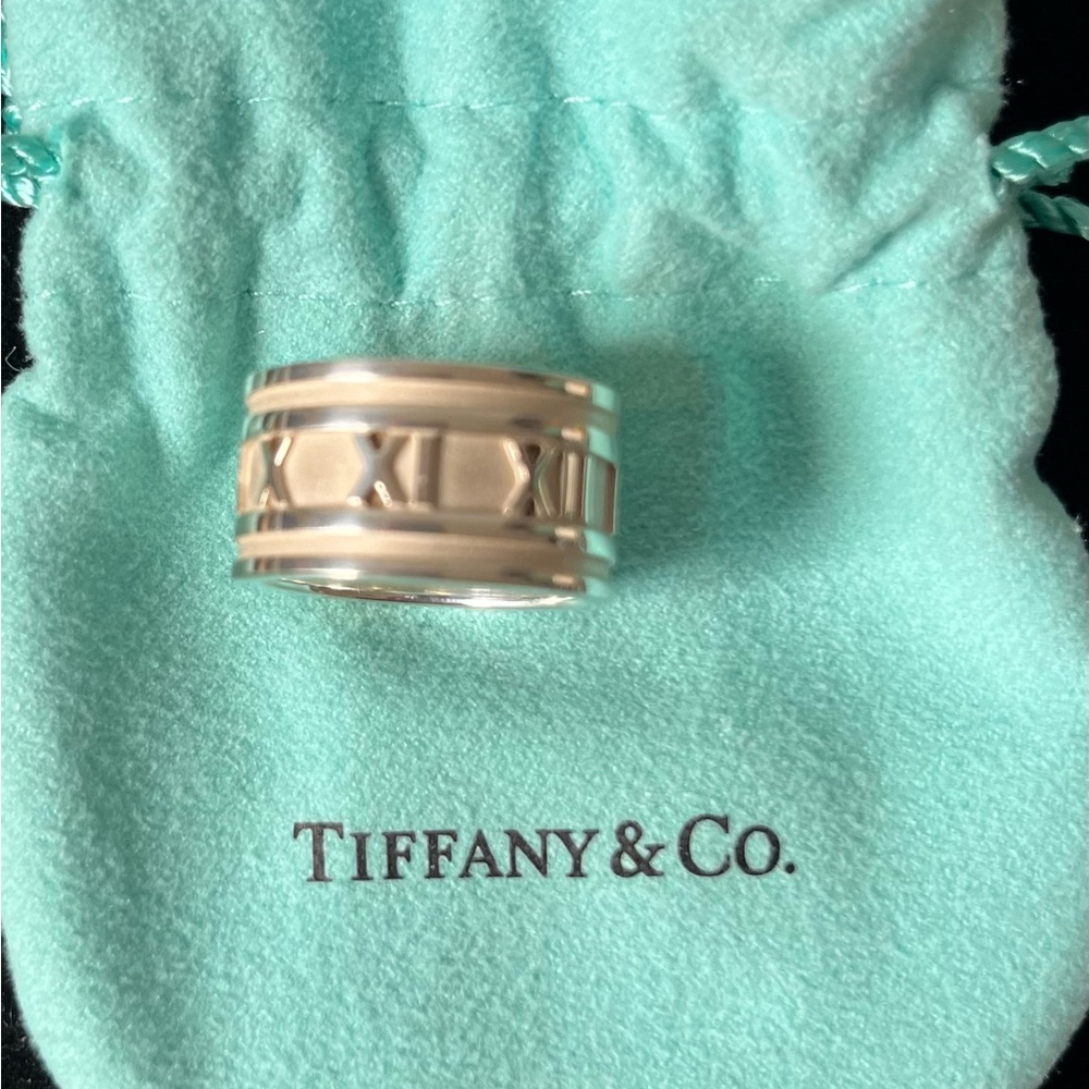 Tiffany & Co. Atlas Roman Silver Numerals Wide Band Ring Size 8